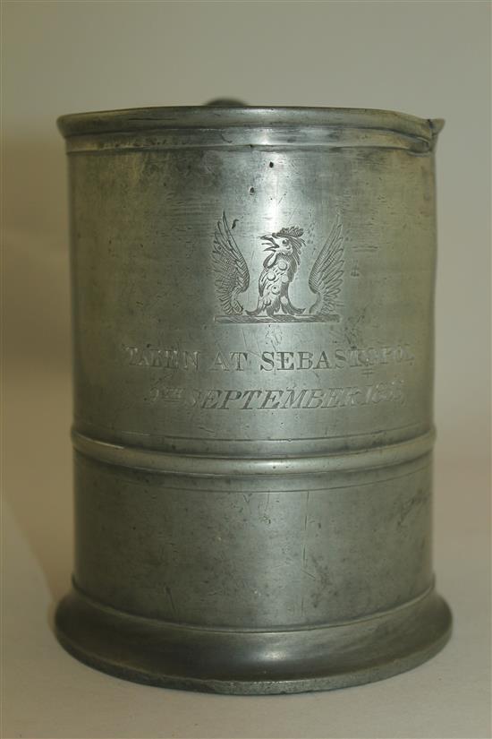 Crimean War Interest: A large 19th century pewter tankard, 6.5in.